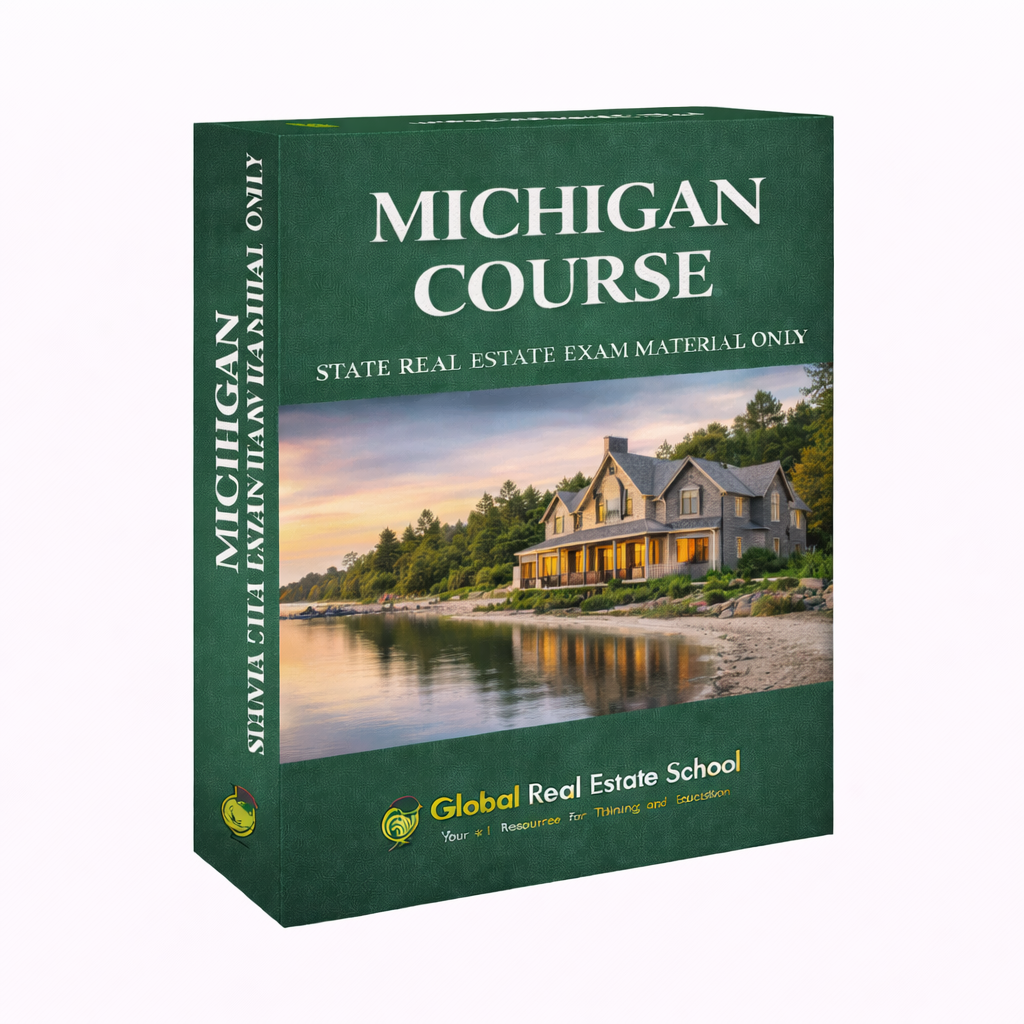 Book titled 'Michigan Course' for real estate exam preparation by Global Real Estate School, with a scenic house on water cover.