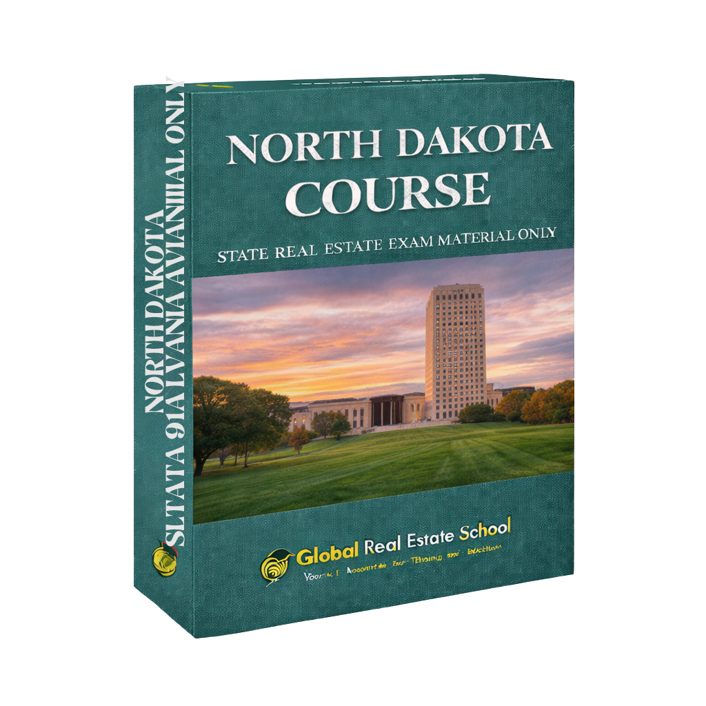 Book titled 'North Dakota Course' for state real estate exam, featuring a scenic cover with a building.