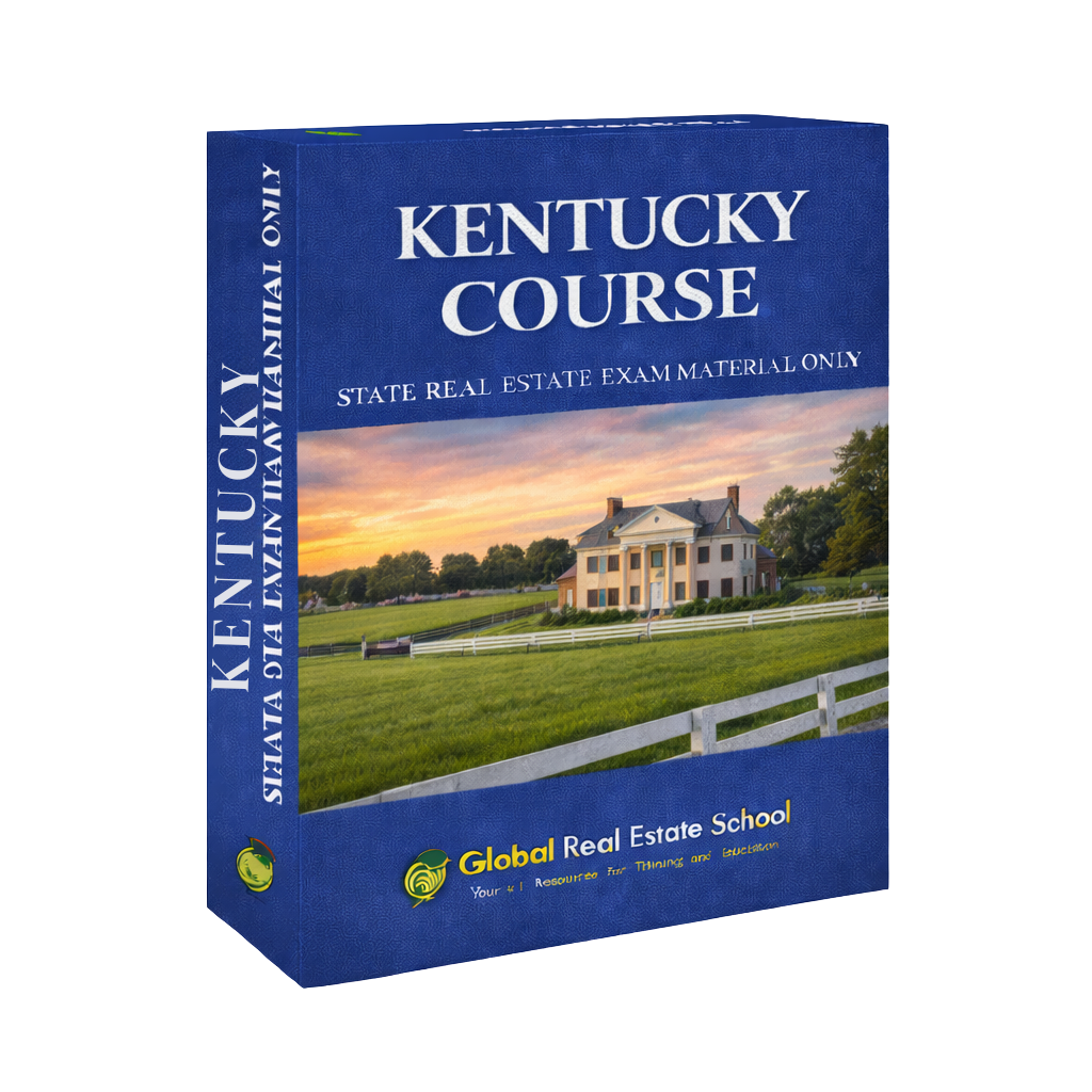 Kentucky Course State Real Estate Exam material packaging with a scenic house on the cover.