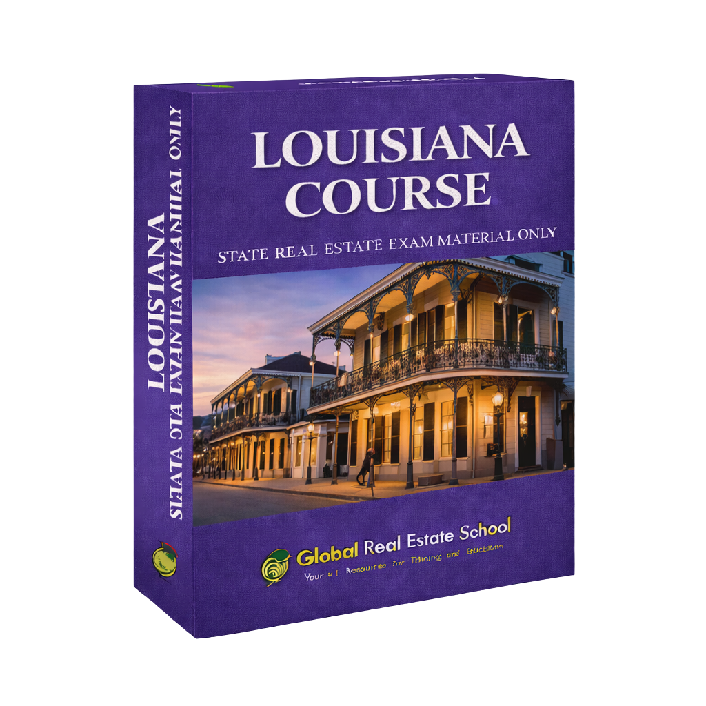 Louisiana real estate course book with a purple cover and building image on a white background