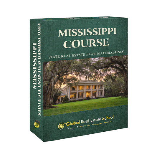 Book titled 'Mississippi Course' for real estate exam by Global Real Estate School on a white background