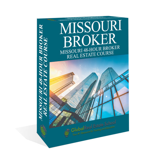 Course graphic - Missouri Broker Real Estate Salesperson Course box cover from Global Real Estate School