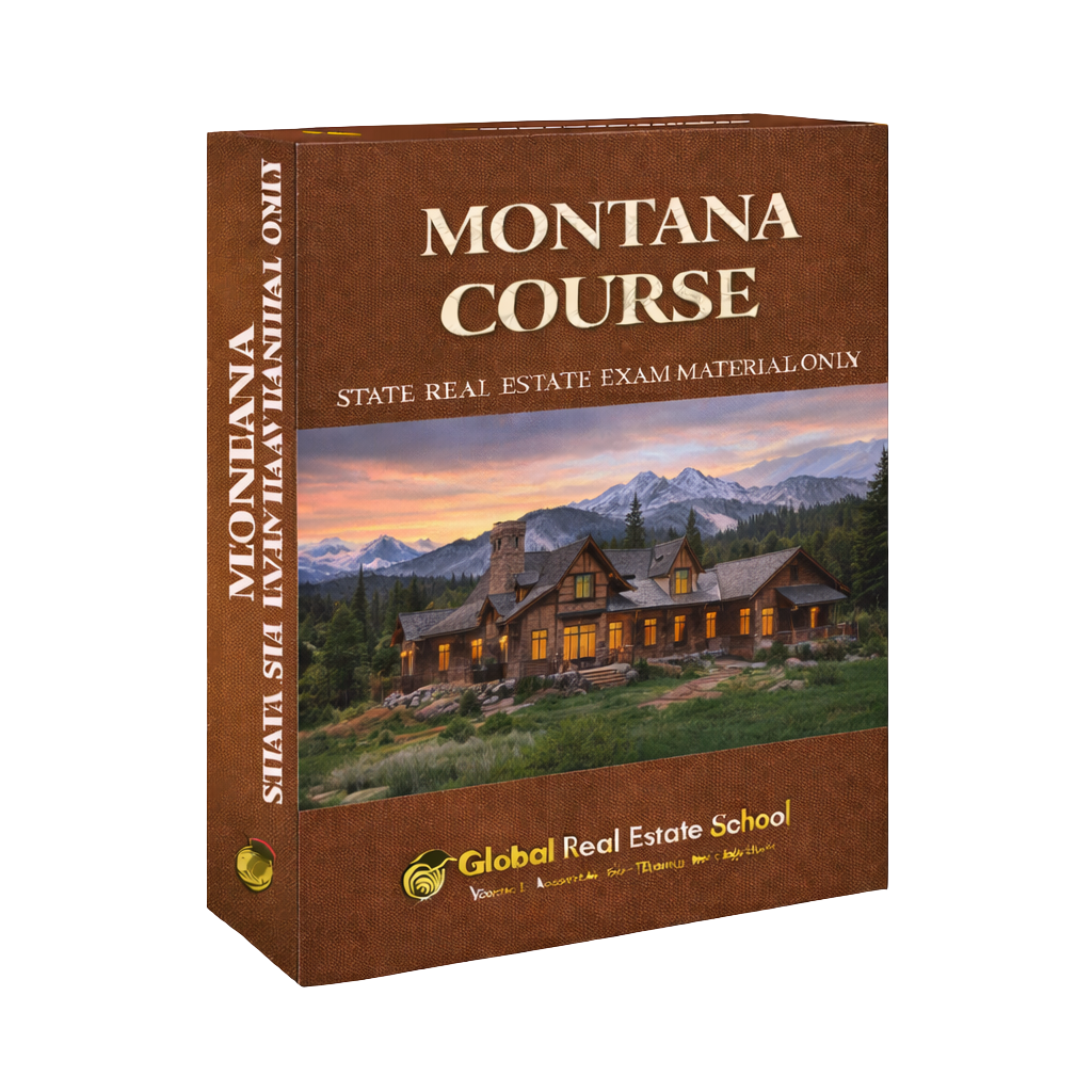 Montana real estate course book with a scenic cover featuring a house and mountains.
