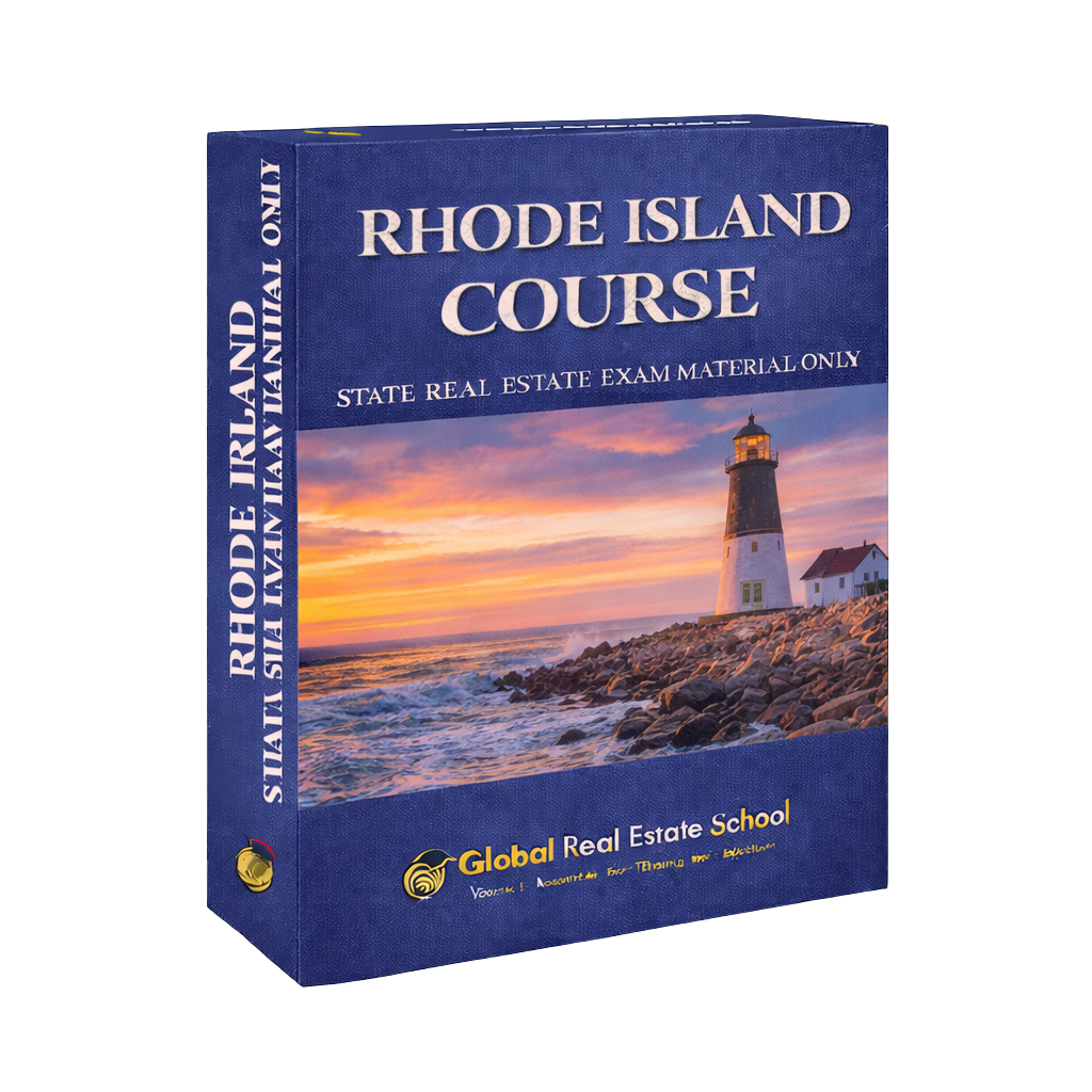 Book titled 'Rhode Island Course' by Global Real Estate School with a lighthouse on the cover.