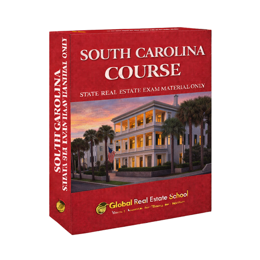 Red book titled 'South Carolina Course' for real estate exam preparation by Global Real Estate School.