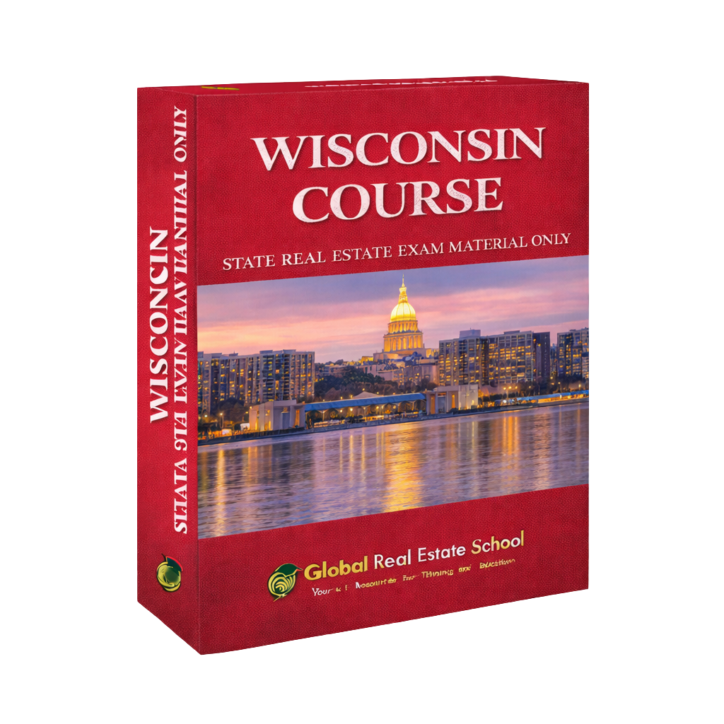 Red book titled 'Wisconsin Course' for real estate exam preparation with a cityscape on the cover.